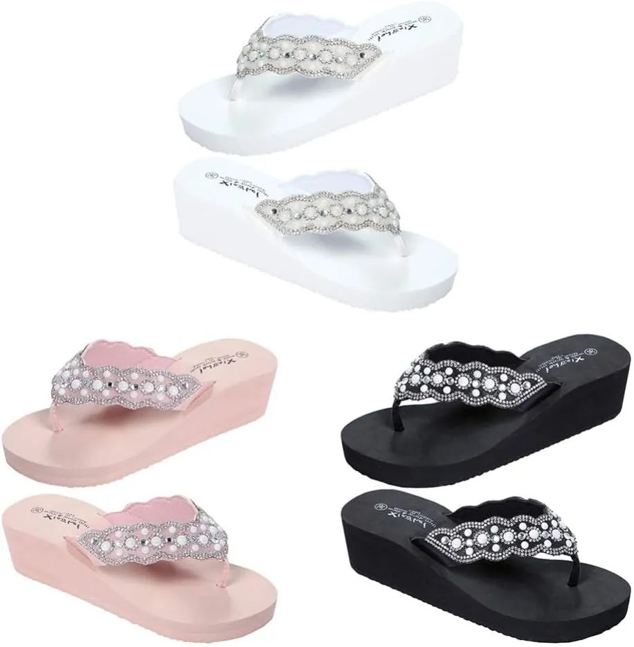Womens Open Toe Shining Wedge Sandal Slip-On Flip Flop Beach Travel Indoor Outdoor Slipper