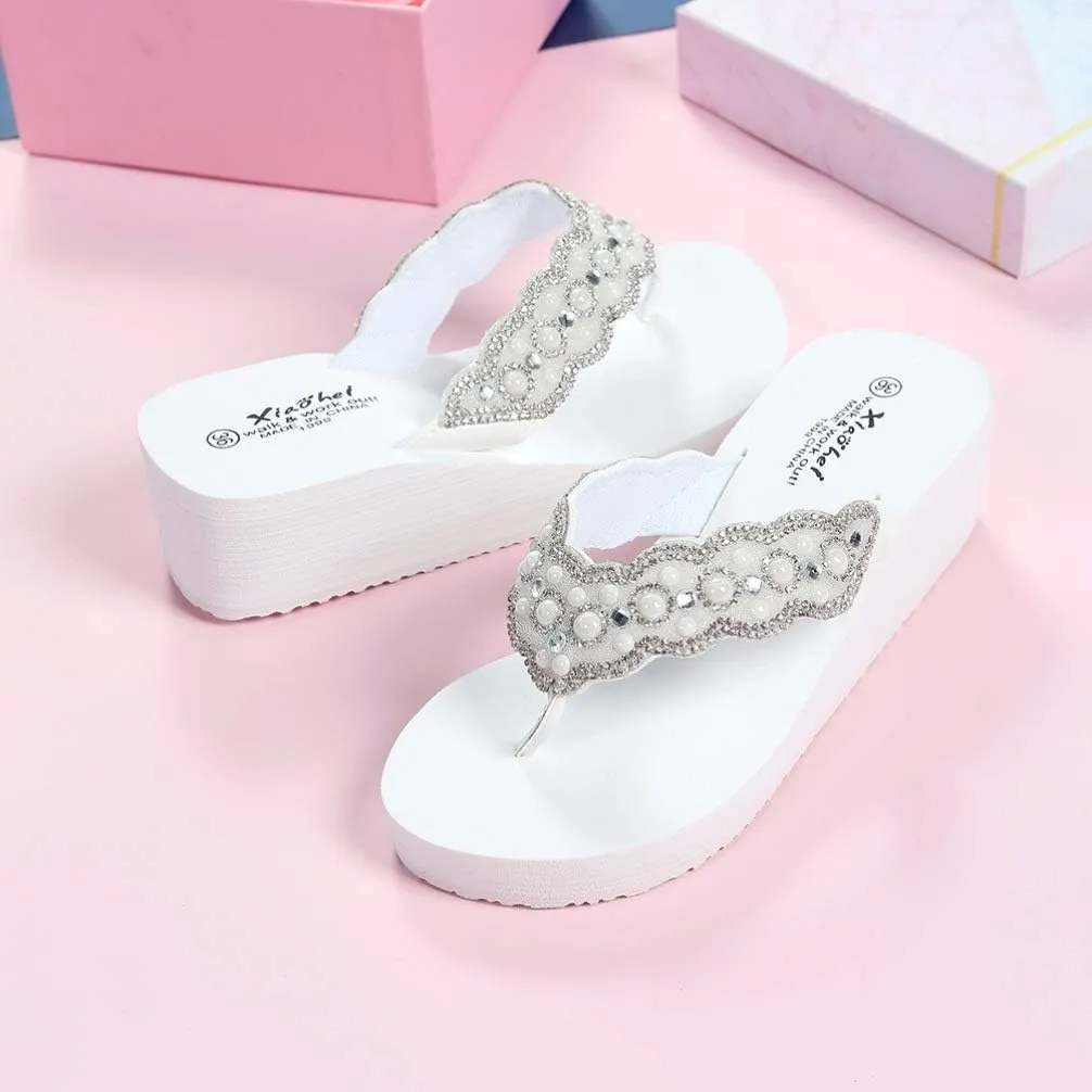 Womens Open Toe Shining Wedge Sandal Slip-On Flip Flop Beach Travel Indoor Outdoor Slipper