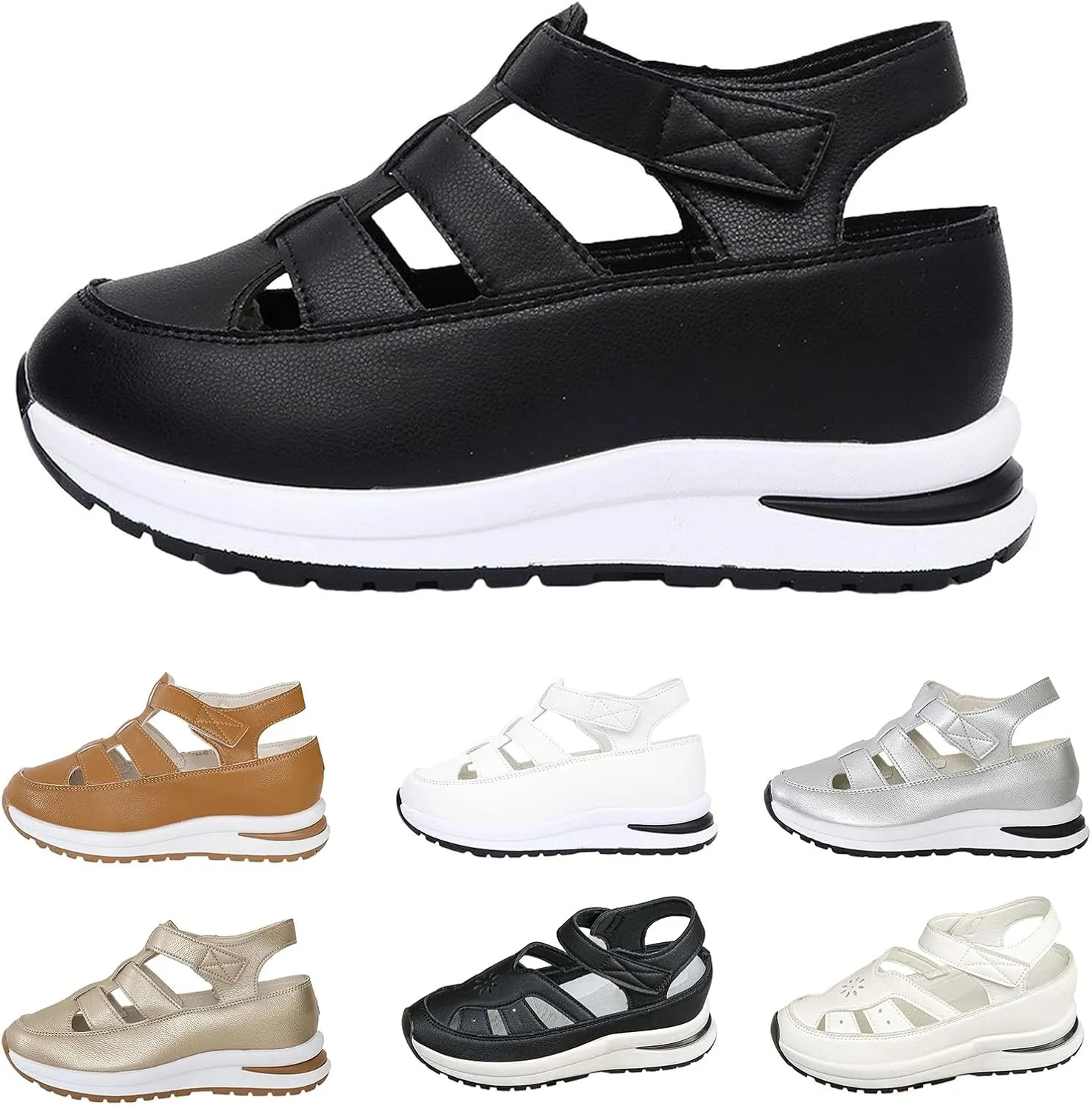 Womens Platform Sandals Comfortable Hollow Out Breathable Closed Toe Wedge Shoes Casual Stylish Arch Support Ankle Strap Orthopedic Leather Sandals