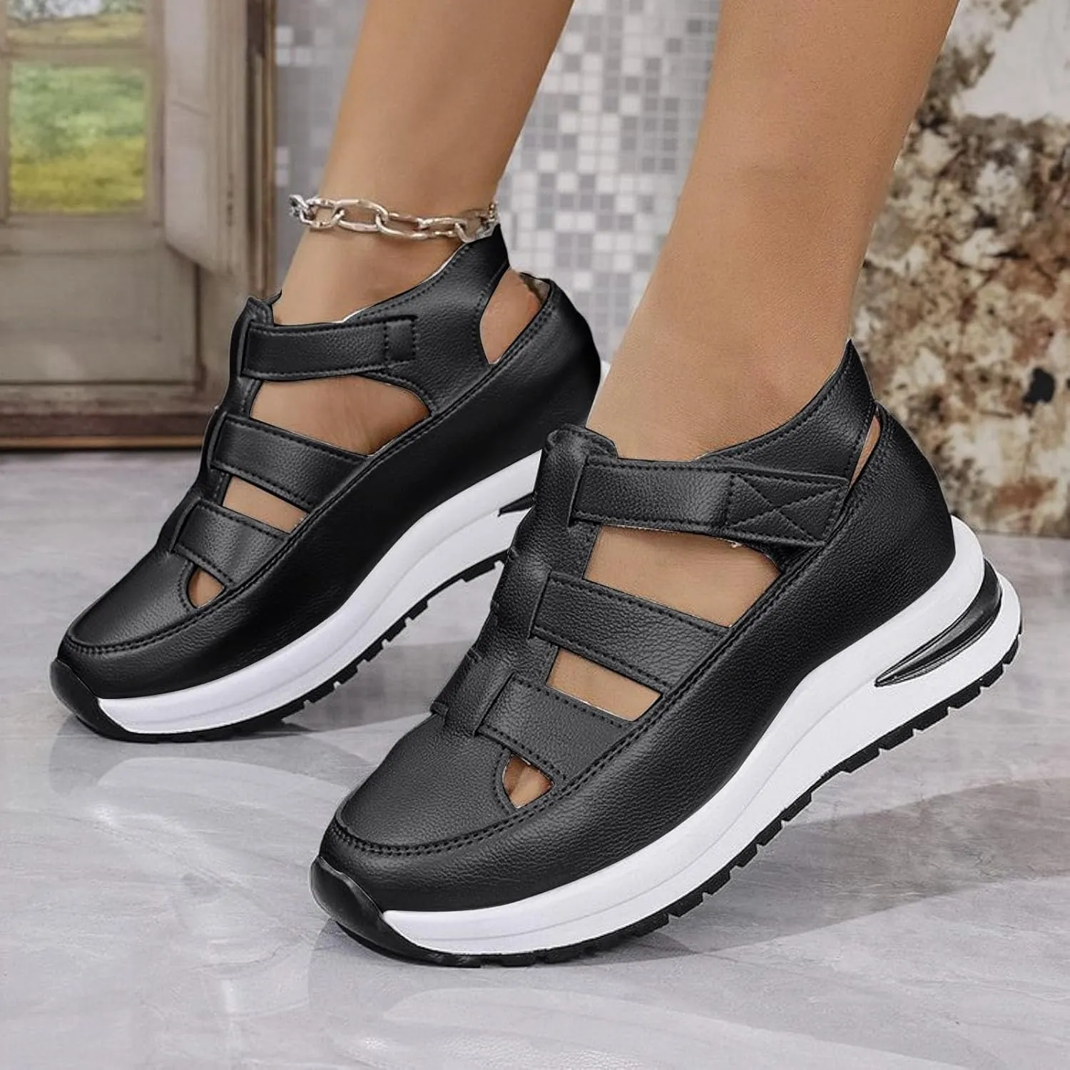 Womens Platform Sandals Comfortable Hollow Out Breathable Closed Toe Wedge Shoes Casual Stylish Arch Support Ankle Strap Orthopedic Leather Sandals