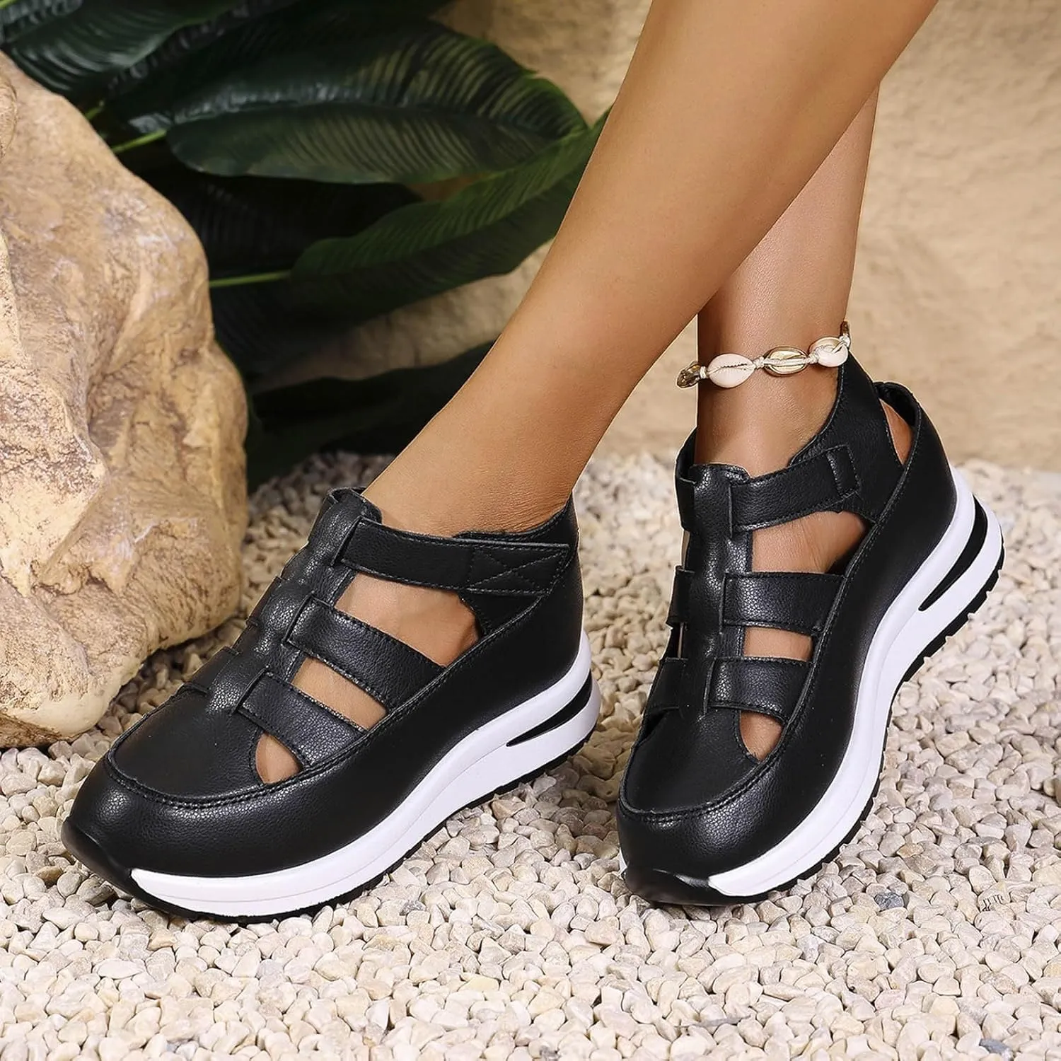 Womens Platform Sandals Comfortable Hollow Out Breathable Closed Toe Wedge Shoes Casual Stylish Arch Support Ankle Strap Orthopedic Leather Sandals