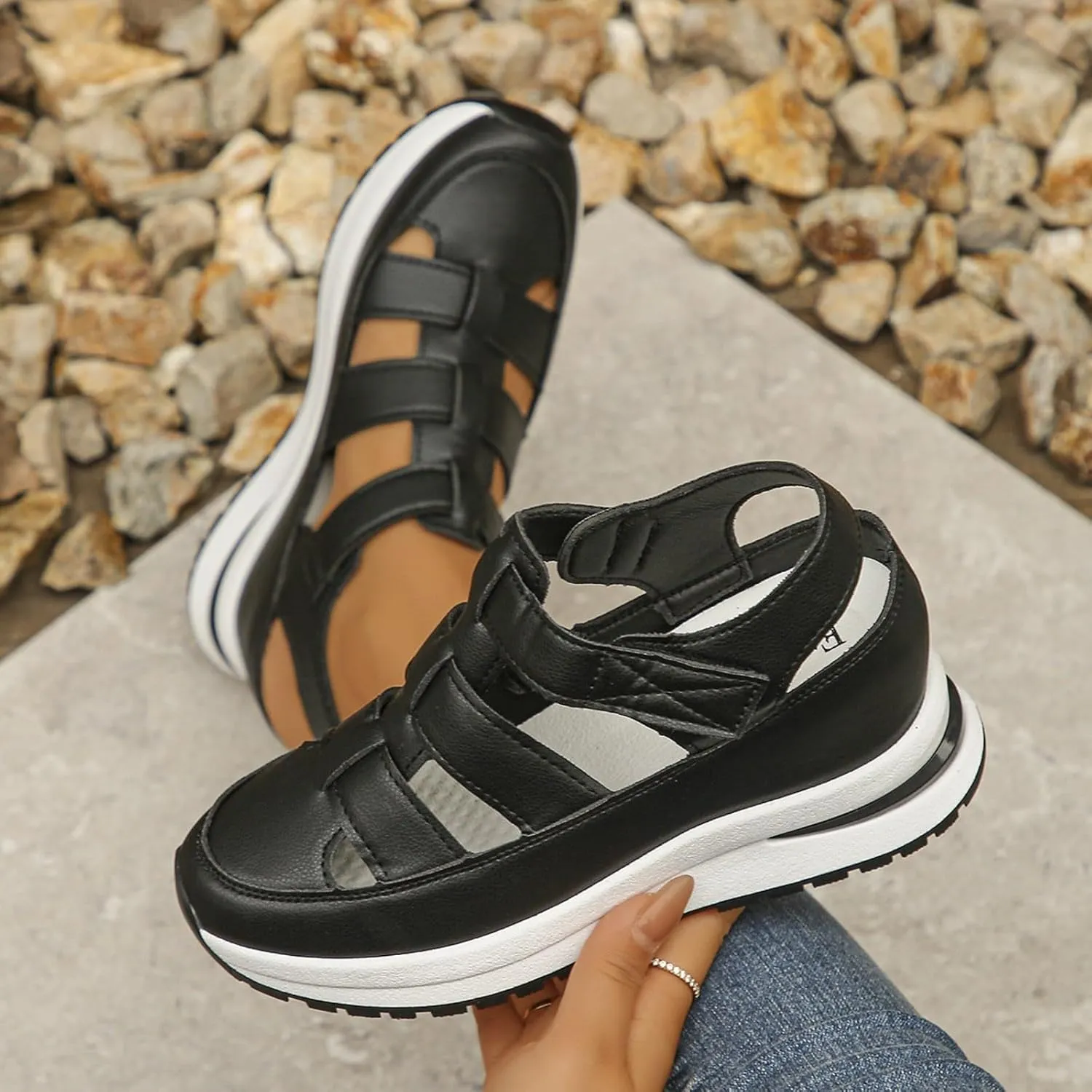 Womens Platform Sandals Comfortable Hollow Out Breathable Closed Toe Wedge Shoes Casual Stylish Arch Support Ankle Strap Orthopedic Leather Sandals