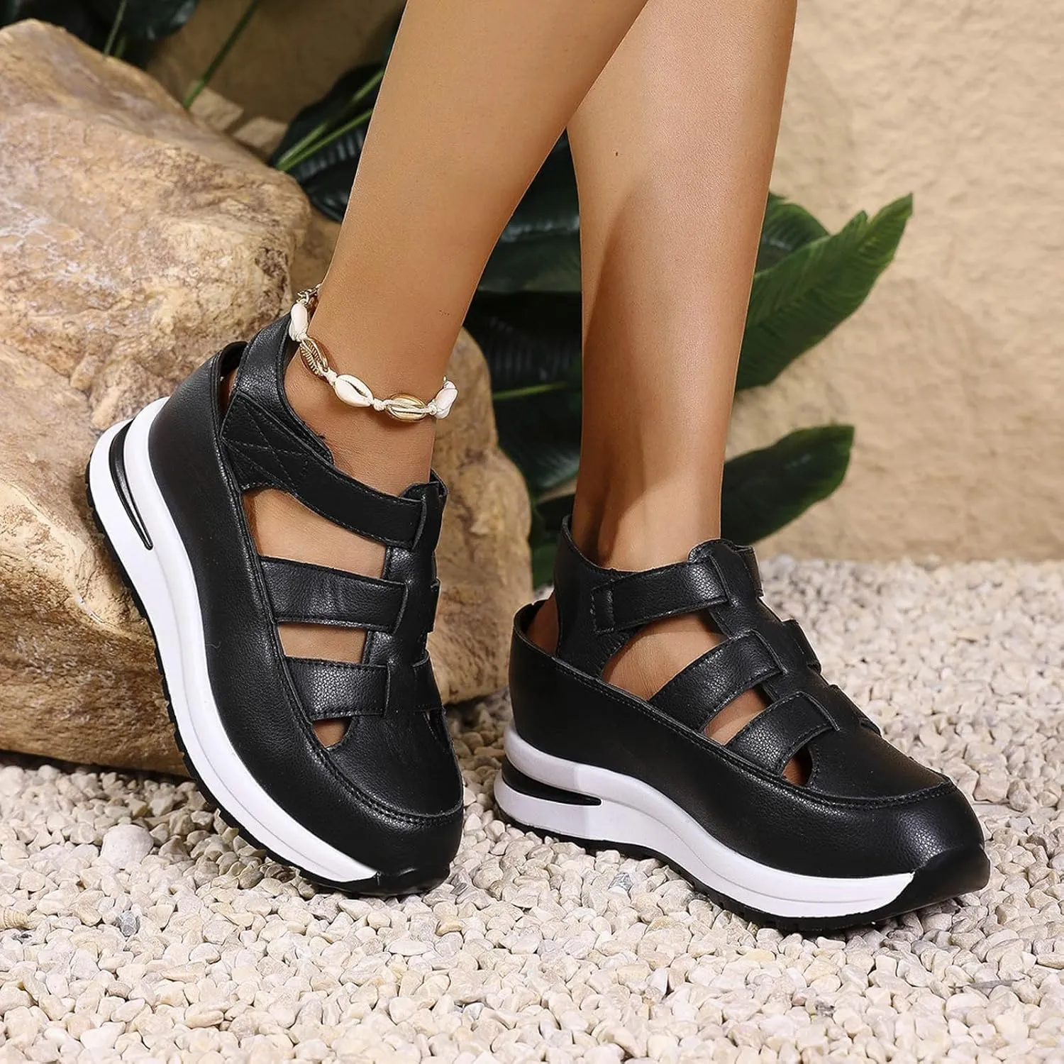 Womens Platform Sandals Comfortable Hollow Out Breathable Closed Toe Wedge Shoes Casual Stylish Arch Support Ankle Strap Orthopedic Leather Sandals