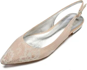 Women's Pointed Lace Slingback Low Heel Bridal Pumps Closed Toe Flats Evening Prom Party Dress Shoes