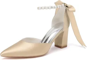 Women's Pointed Toe Block Heels High Hells Ankle Strap Pearls Chunky Satin Bridal Shoes Evening Dress Pumps