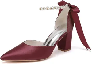 Women's Pointed Toe Block Heels High Hells Ankle Strap Pearls Chunky Satin Bridal Shoes Evening Dress Pumps