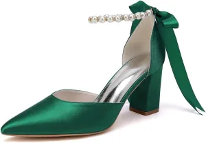 Women's Pointed Toe Block Heels High Hells Ankle Strap Pearls Chunky Satin Bridal Shoes Evening Dress Pumps
