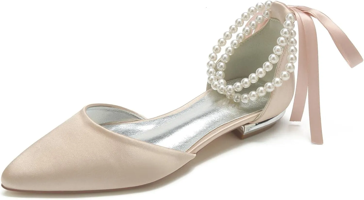 Women's Pointed Toe Wedding Flats for Bride Pearl Ankle Strap Satin Bridal Shoes Formal Prom Party Dress Pumps