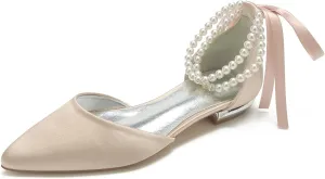 Women's Pointed Toe Wedding Flats for Bride Pearl Ankle Strap Satin Bridal Shoes Formal Prom Party Dress Pumps