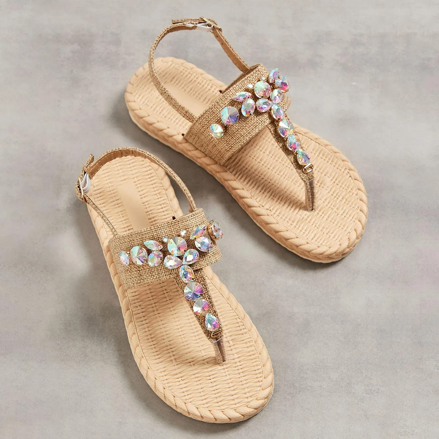 Women's Rhinestone Embellished Wicker Sandal Solid Sparkly Clip Toe Sliiper Hook and Eye Flip Flop Flat Rattan Shoe