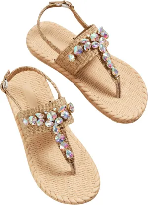 Women's Rhinestone Embellished Wicker Sandal Solid Sparkly Clip Toe Sliiper Hook and Eye Flip Flop Flat Rattan Shoe