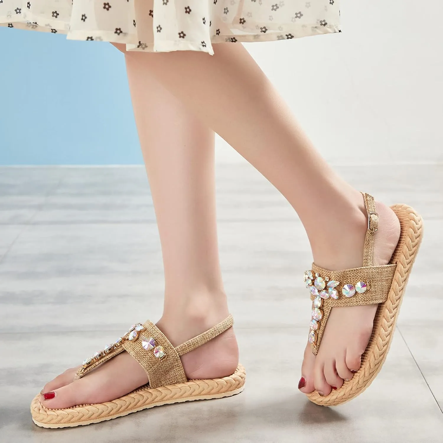 Women's Rhinestone Embellished Wicker Sandal Solid Sparkly Clip Toe Sliiper Hook and Eye Flip Flop Flat Rattan Shoe