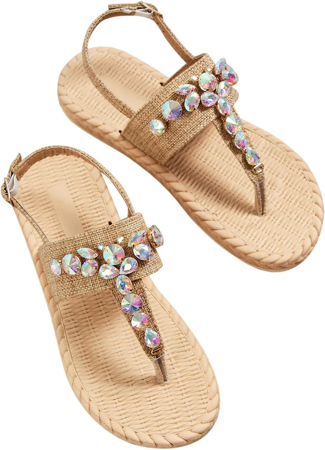 Women's Rhinestone Embellished Wicker Sandal Solid Sparkly Clip Toe Sliiper Hook and Eye Flip Flop Flat Rattan Shoe
