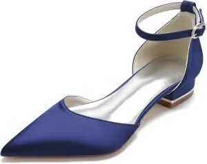 Womens Satin Bridal Wedding Shoes Pointed Toe Ballet Flats Ankle Strap Closed Toe Party Dress Sandals