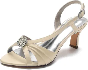 Women's Slingback Satin Wedding Pumps Peep Toe Heeled Sandals with Rhinestone Buckle Mid Heel Bride Evening Party Shoes