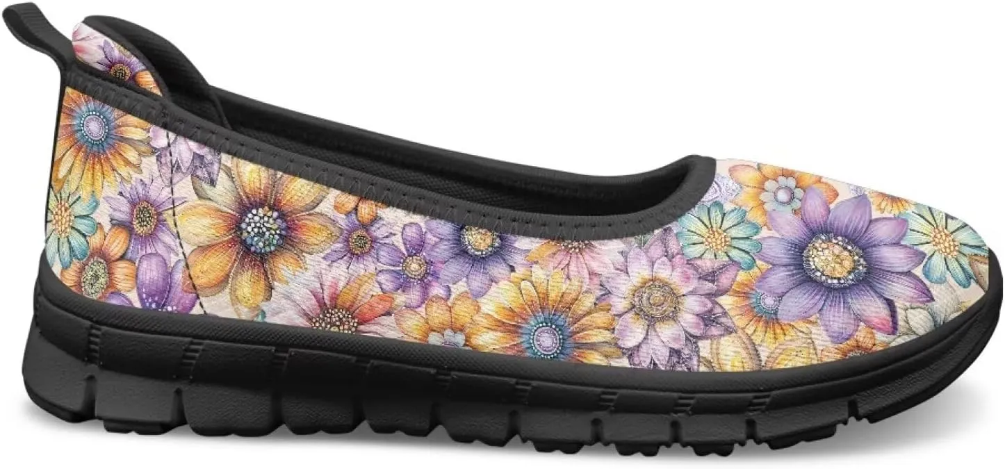 Women's Slip-On Walking Shoes Stylish Floral Casual Loafers Lightweight Comfortable Travel Footwear SizeUS 6-11 Black Sole