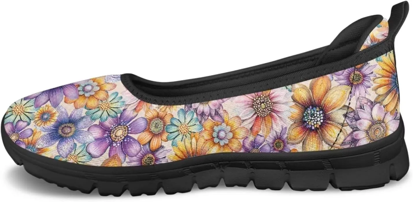 Women's Slip-On Walking Shoes Stylish Floral Casual Loafers Lightweight Comfortable Travel Footwear SizeUS 6-11 Black Sole