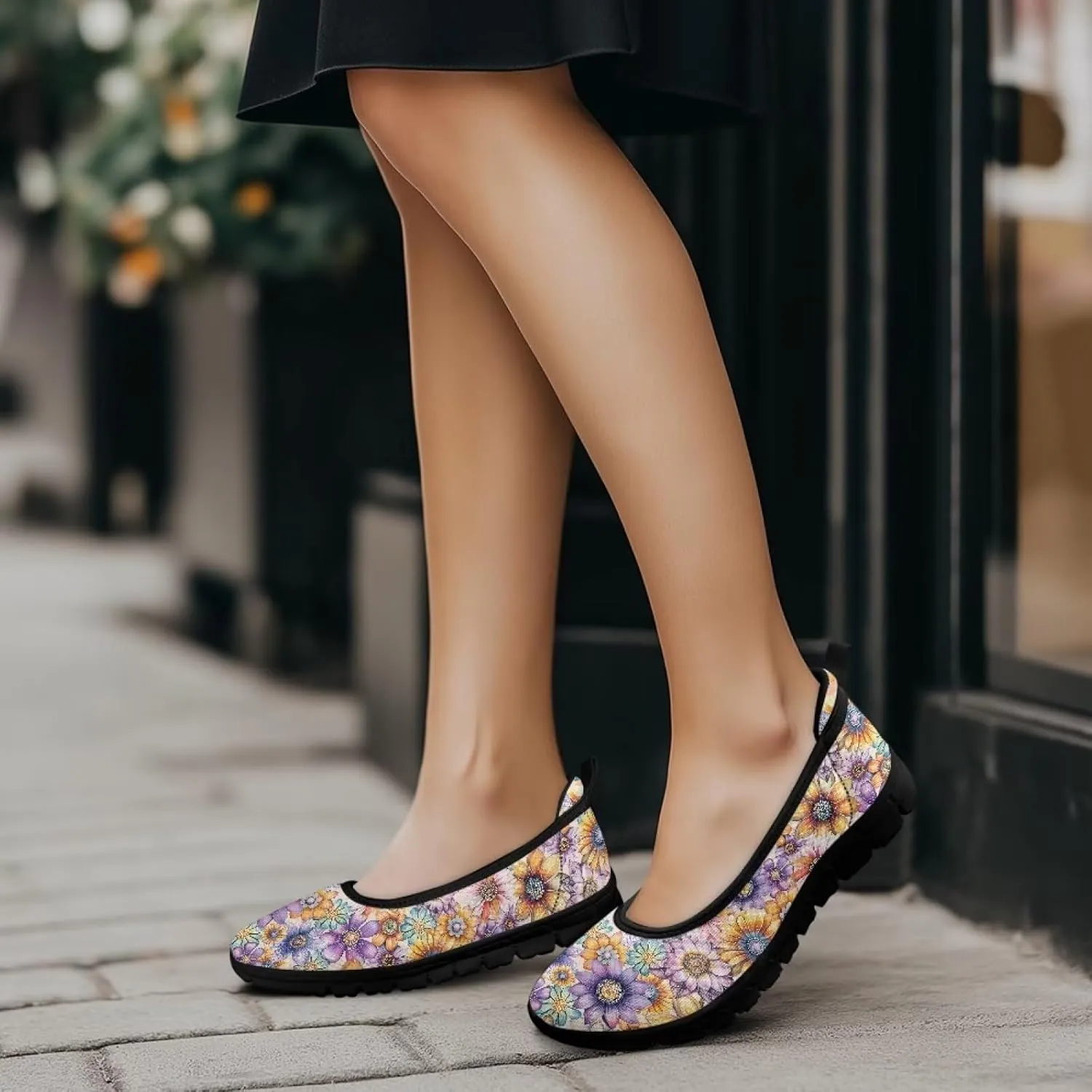 Women's Slip-On Walking Shoes Stylish Floral Casual Loafers Lightweight Comfortable Travel Footwear SizeUS 6-11 Black Sole
