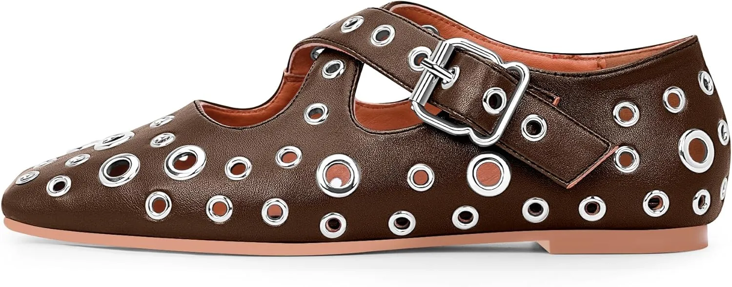 Women's Square Toe Ballet Flats Studded Grommet Cross Buckle Mary Jane Shoes