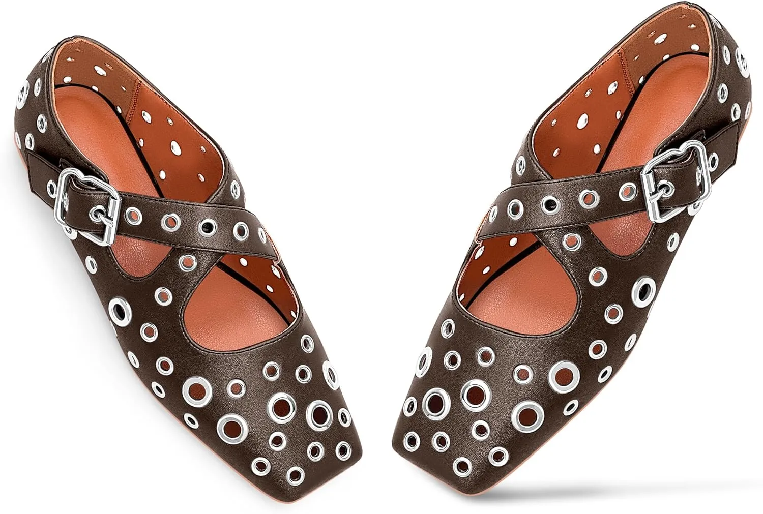 Women's Square Toe Ballet Flats Studded Grommet Cross Buckle Mary Jane Shoes