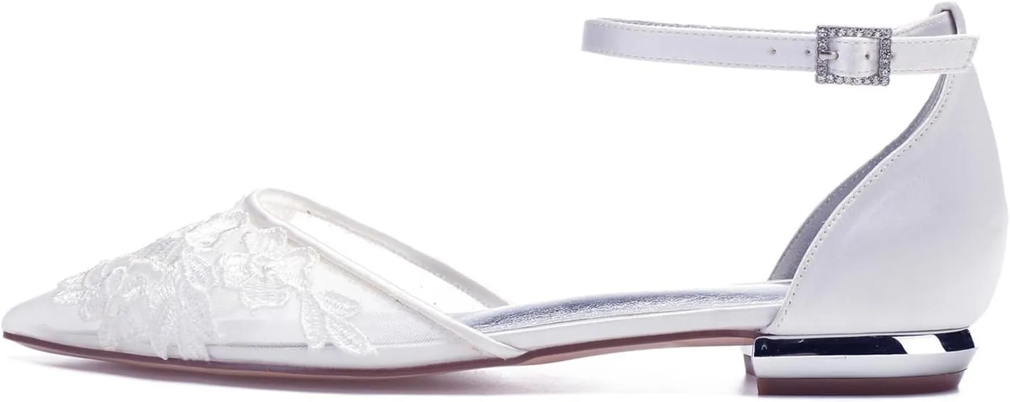 Women's Wedding Bridal Shoes Closed Toe Pointed Lace Mesh Shoes Ballet Flats Buckle Ankle Strap Shoes