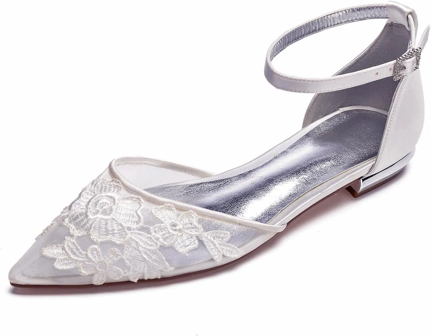 Women's Wedding Bridal Shoes Closed Toe Pointed Lace Mesh Shoes Ballet Flats Buckle Ankle Strap Shoes