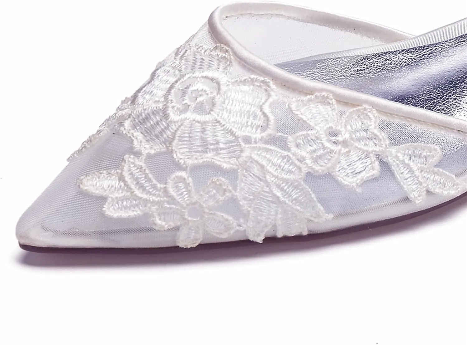 Women's Wedding Bridal Shoes Closed Toe Pointed Lace Mesh Shoes Ballet Flats Buckle Ankle Strap Shoes
