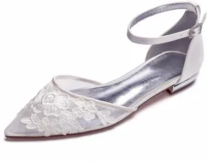Women's Wedding Bridal Shoes Closed Toe Pointed Lace Mesh Shoes Ballet Flats Buckle Ankle Strap Shoes