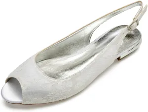 Womens Wedding Dress Shoes Lace Peep Toe Low Heel Bridal Shoes Slingback Sandals Buckle Evenging Party Work Flat