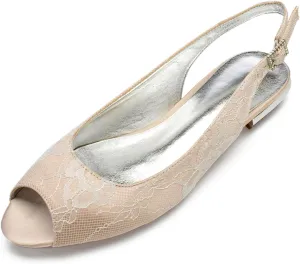 Womens Wedding Dress Shoes Lace Peep Toe Low Heel Bridal Shoes Slingback Sandals Buckle Evenging Party Work Flat