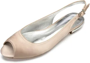 Women's with Buckle Satin Wedding Dress Shoes Slingback Sandals Peep Toe Flat Pumps Evening Party Comfort Bridal Flats