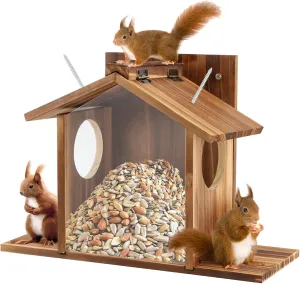 Wood Squirrel Feeder, Outside Squirrel House Box for Corn, Squirrel Picnic Table Feeder Box, Chipmunk Feeder Hold Corn, Corn Cob, Easy to Fill with Removable Front Panel