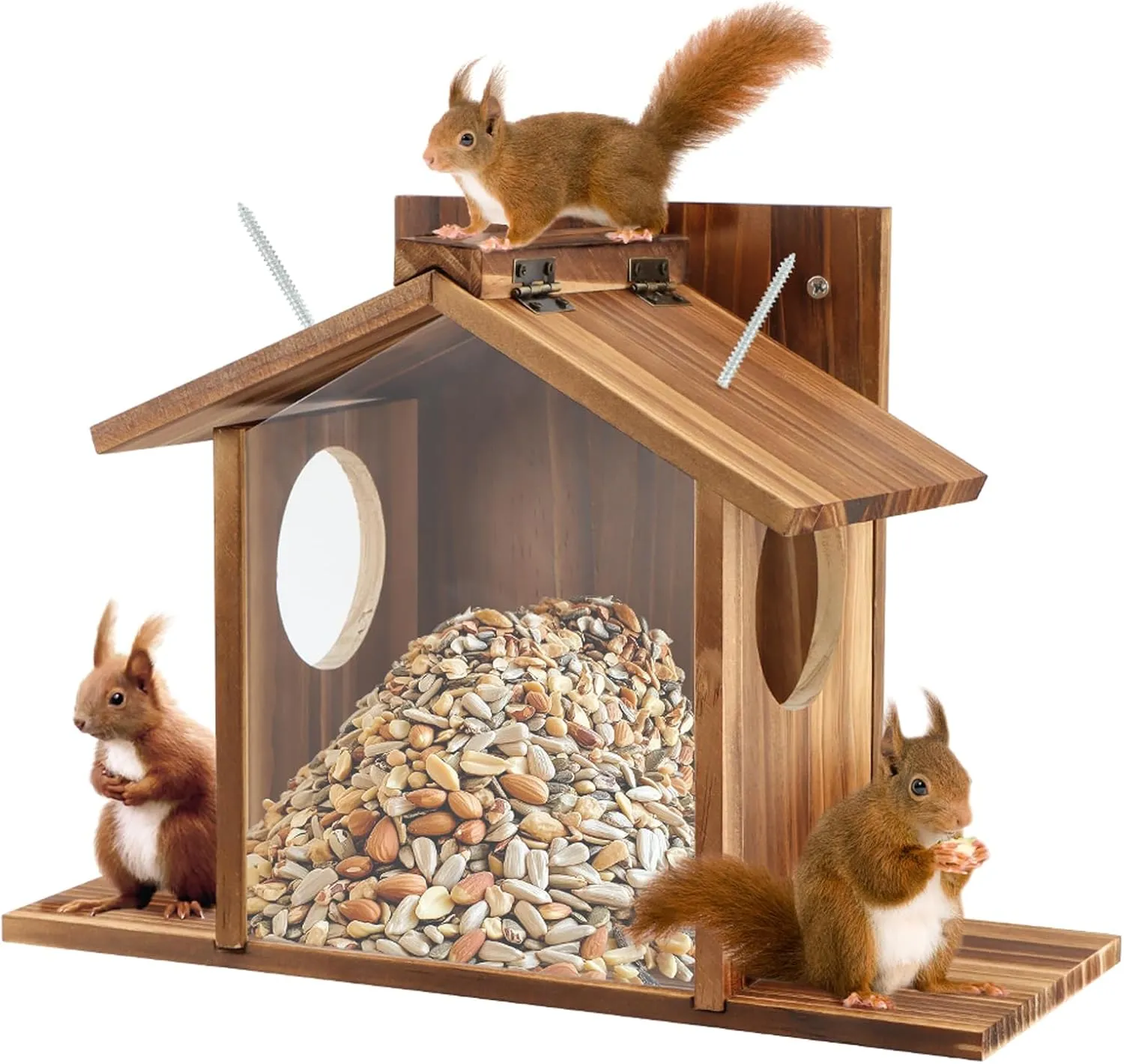 Wood Squirrel Feeder, Outside Squirrel House Box for Corn, Squirrel Picnic Table Feeder Box, Chipmunk Feeder Hold Corn, Corn Cob, Easy to Fill with Removable Front Panel