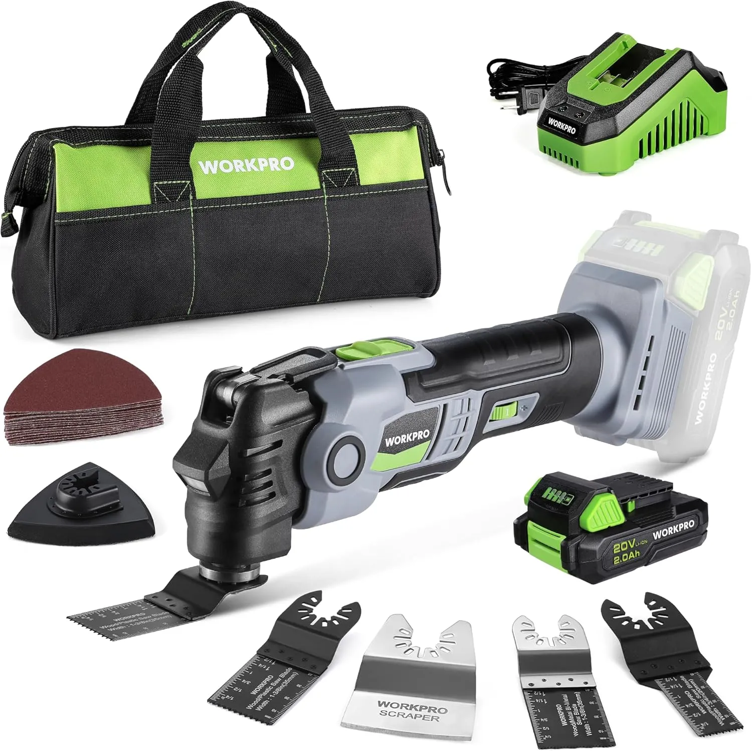 WORKPRO 20V Oscillating Tool Kit, Cordless and Brushless 19,000 RPM Orbiting Multi Tool with 6 Variable Speeds, 3.6°Oscillation Angle, 21pcs Saw Accessories, 1 Rechargeable Battery and Carrying Bag