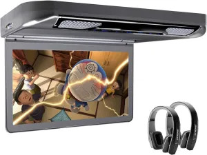 XTRONS 13.3 Inch 1080P Video Car MPV Roof Flip Down Overhead Multimedia Car Ceiling Overhead DVD Player Display Wide Screen Ultra-Thin with HDMI Input 2PCS Black New IR Headphones Included