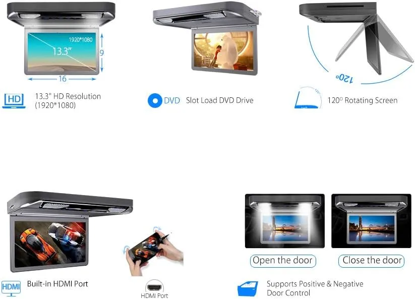 XTRONS 13.3 Inch 1080P Video Car MPV Roof Flip Down Overhead Multimedia Car Ceiling Overhead DVD Player Display Wide Screen Ultra-Thin with HDMI Input 2PCS Black New IR Headphones Included