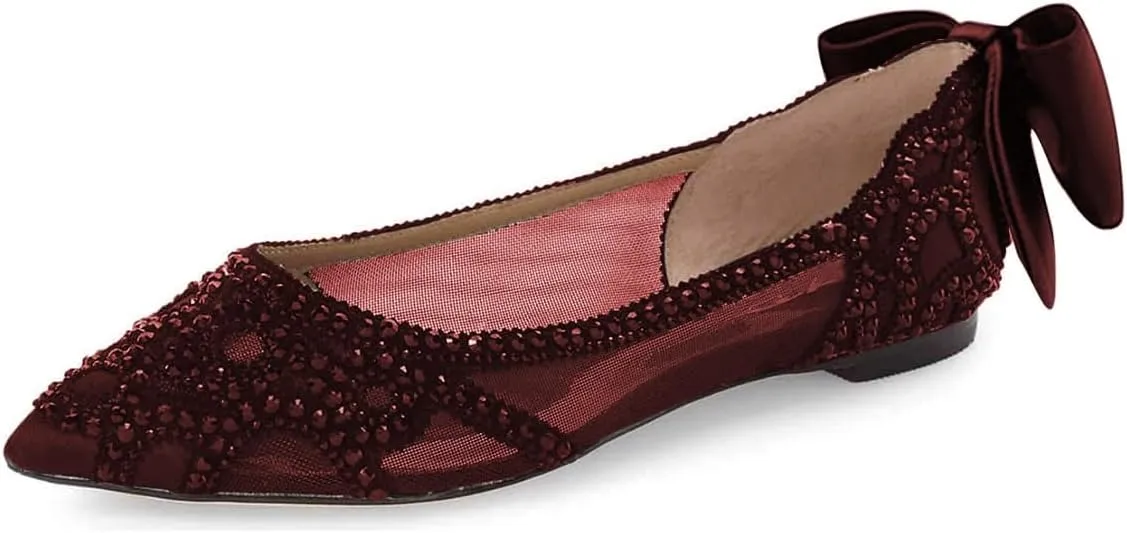XYD Women Elegant Pointed Toe Rhinestones Studded Flats Back Pearl Bowknot Mesh Slip-on Wedding Bride Ballet Shoes