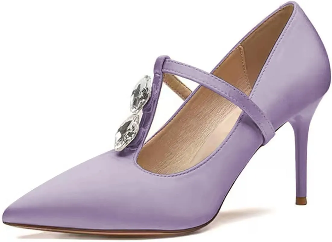 YDN Women Crystal Decoration Slip On Pumps Fashion Pointed Toe T-Strap Stiletto High Heels Dress Party Wedding Shoes Size 4-15 US