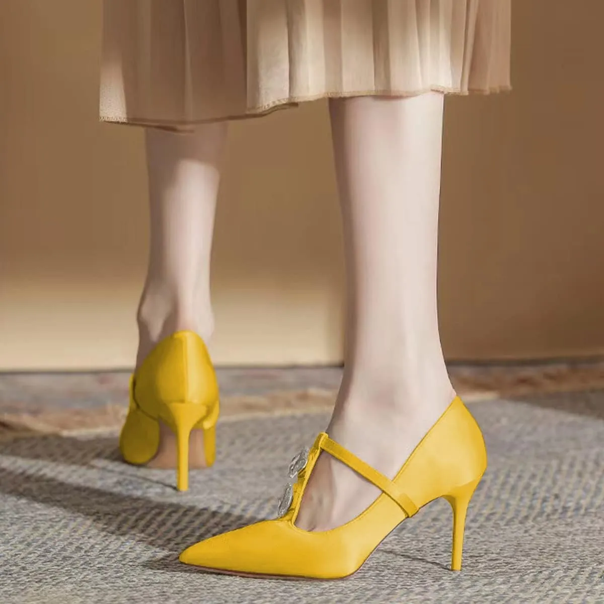 YDN Women Crystal Decoration Slip On Pumps Fashion Pointed Toe T-Strap Stiletto High Heels Dress Party Wedding Shoes Size 4-15 US