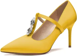 YDN Women Crystal Decoration Slip On Pumps Fashion Pointed Toe T-Strap Stiletto High Heels Dress Party Wedding Shoes Size 4-15 US
