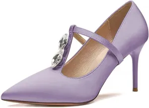 YDN Women Crystal Decoration Slip On Pumps Fashion Pointed Toe T-Strap Stiletto High Heels Dress Party Wedding Shoes Size 4-15 US