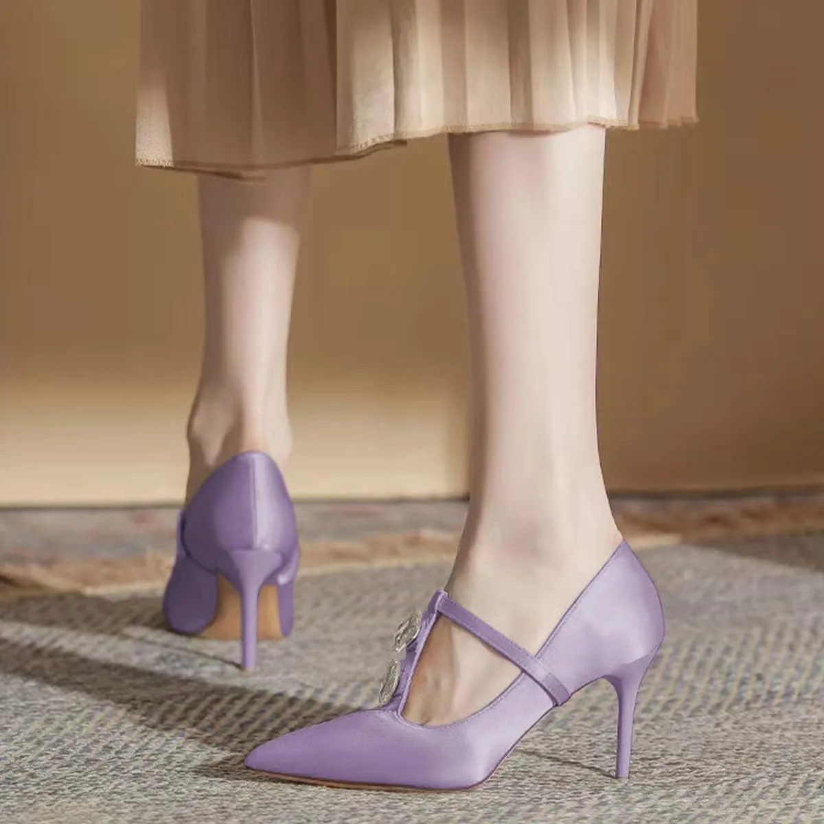 YDN Women Crystal Decoration Slip On Pumps Fashion Pointed Toe T-Strap Stiletto High Heels Dress Party Wedding Shoes Size 4-15 US