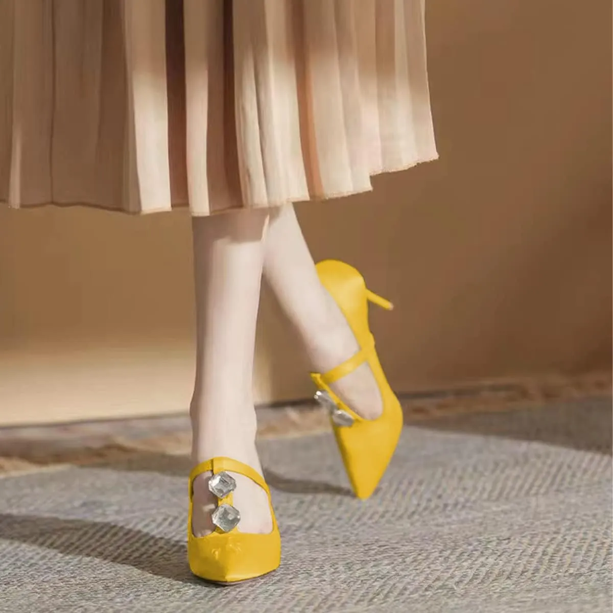 YDN Women Crystal Decoration Slip On Pumps Fashion Pointed Toe T-Strap Stiletto High Heels Dress Party Wedding Shoes Size 4-15 US