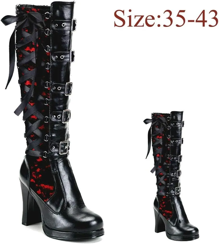 ZBYY Women's Chunky Heel Knee High Boots Vintage Punk Gothic Round Toe Lace up Ankle Buckle Chunky High Heel Platform Knight Boots