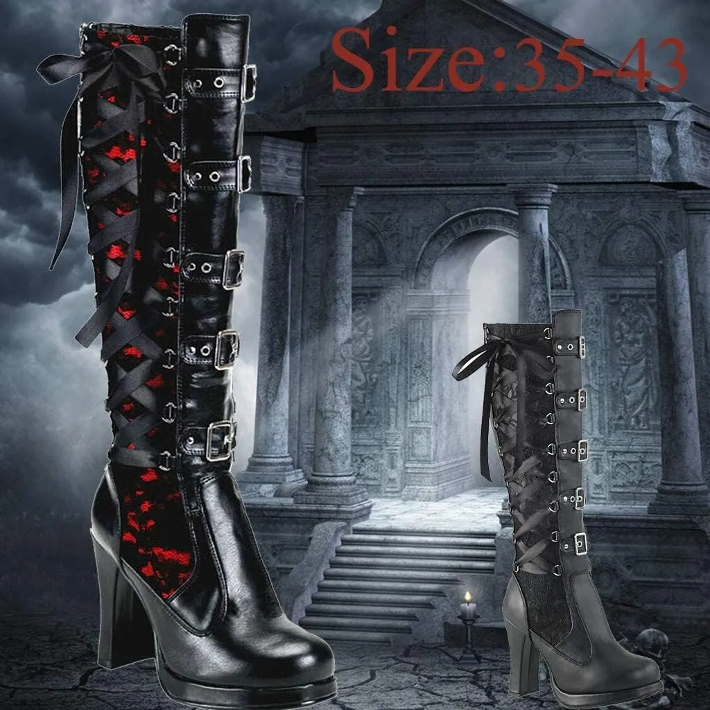 ZBYY Women's Chunky Heel Knee High Boots Vintage Punk Gothic Round Toe Lace up Ankle Buckle Chunky High Heel Platform Knight Boots