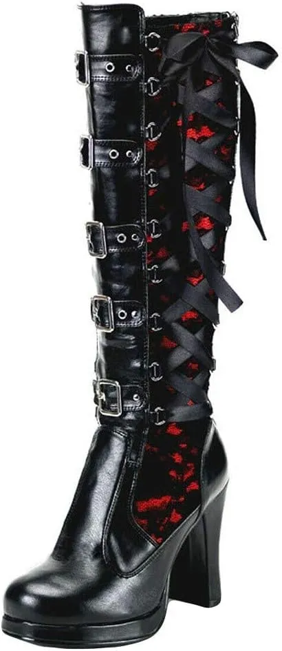 ZBYY Women's Chunky Heel Knee High Boots Vintage Punk Gothic Round Toe Lace up Ankle Buckle Chunky High Heel Platform Knight Boots