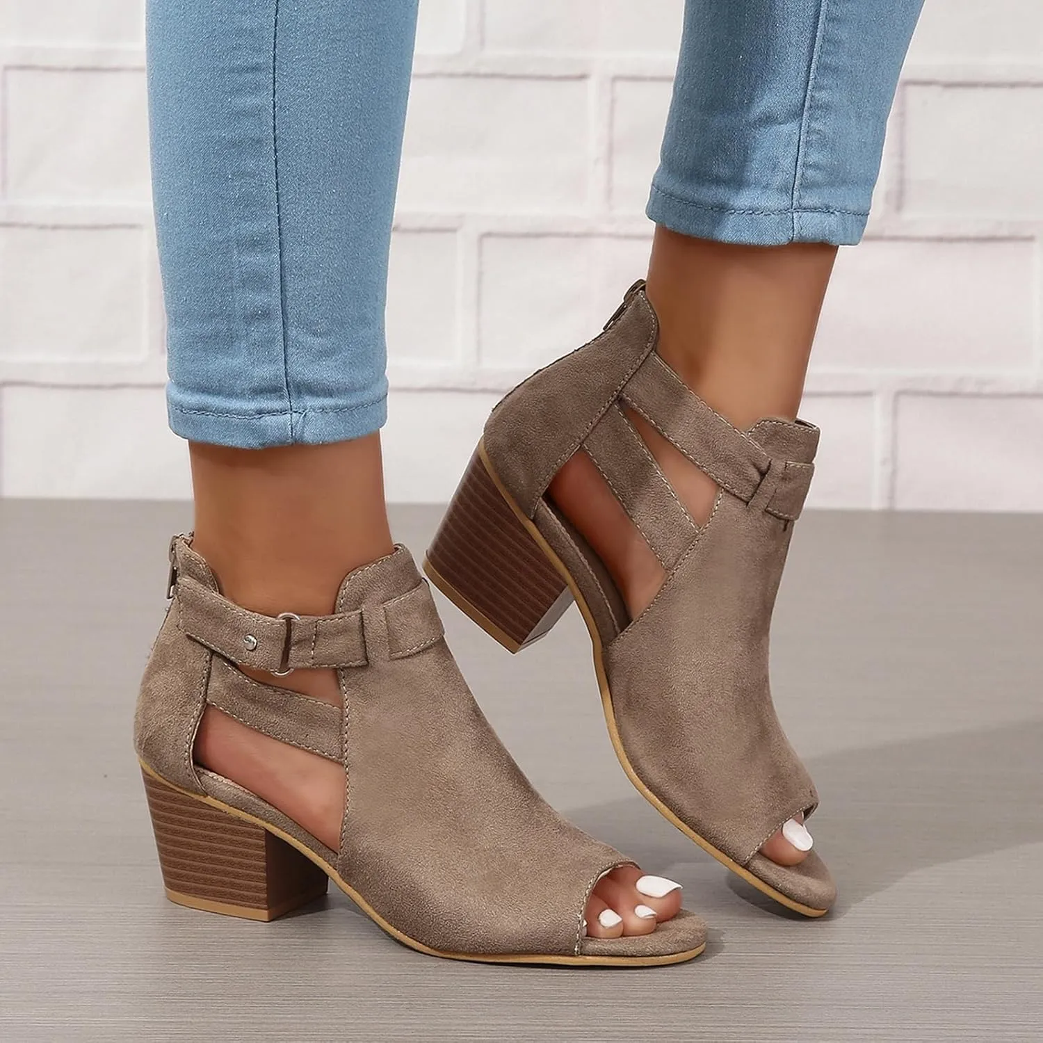 ZBYY Womens Peep Toe Ankle Booties Chunky Heels Cutout Back Zipper Sandals Suede Side Ankle Strap Dress Sandals
