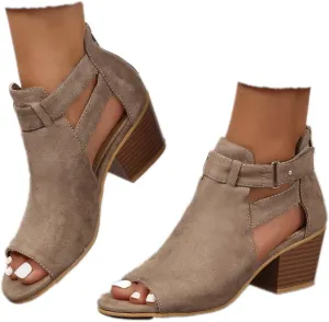 ZBYY Womens Peep Toe Ankle Booties Chunky Heels Cutout Back Zipper Sandals Suede Side Ankle Strap Dress Sandals