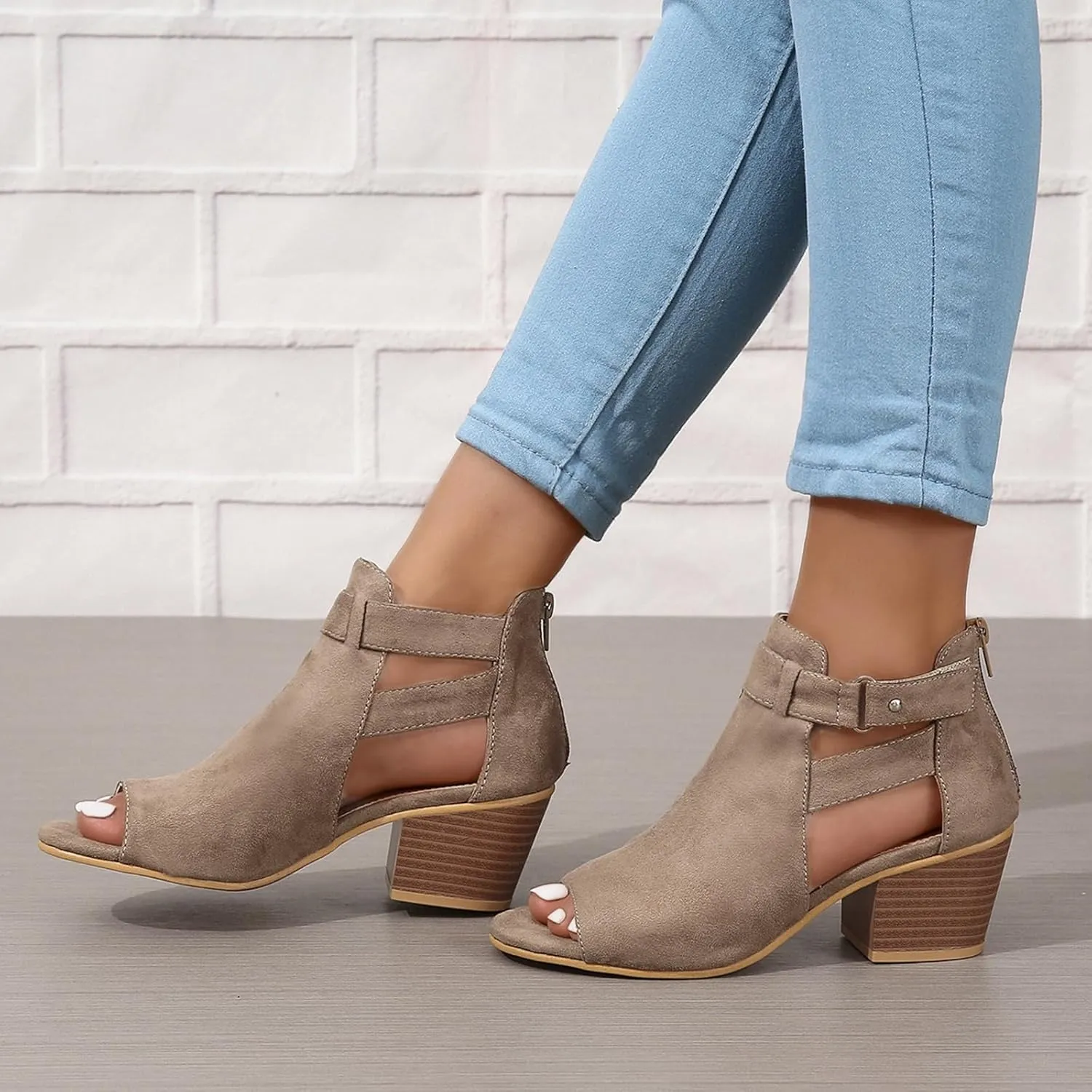 ZBYY Womens Peep Toe Ankle Booties Chunky Heels Cutout Back Zipper Sandals Suede Side Ankle Strap Dress Sandals