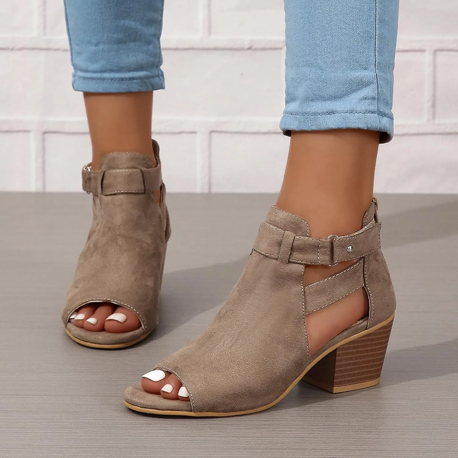 ZBYY Womens Peep Toe Ankle Booties Chunky Heels Cutout Back Zipper Sandals Suede Side Ankle Strap Dress Sandals